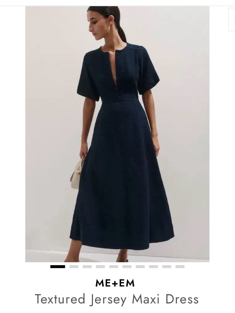 ME+EM Navy Textured Midi Dress with Subtle V-Neck